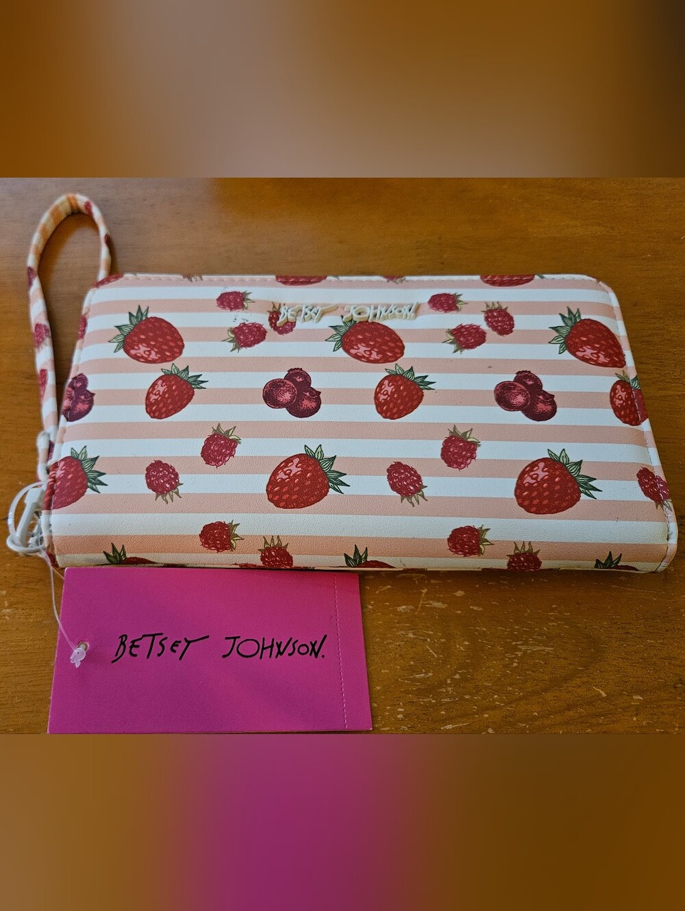 Betsey Johnson Pink & White Striped Strawberry Wristlet Wallet